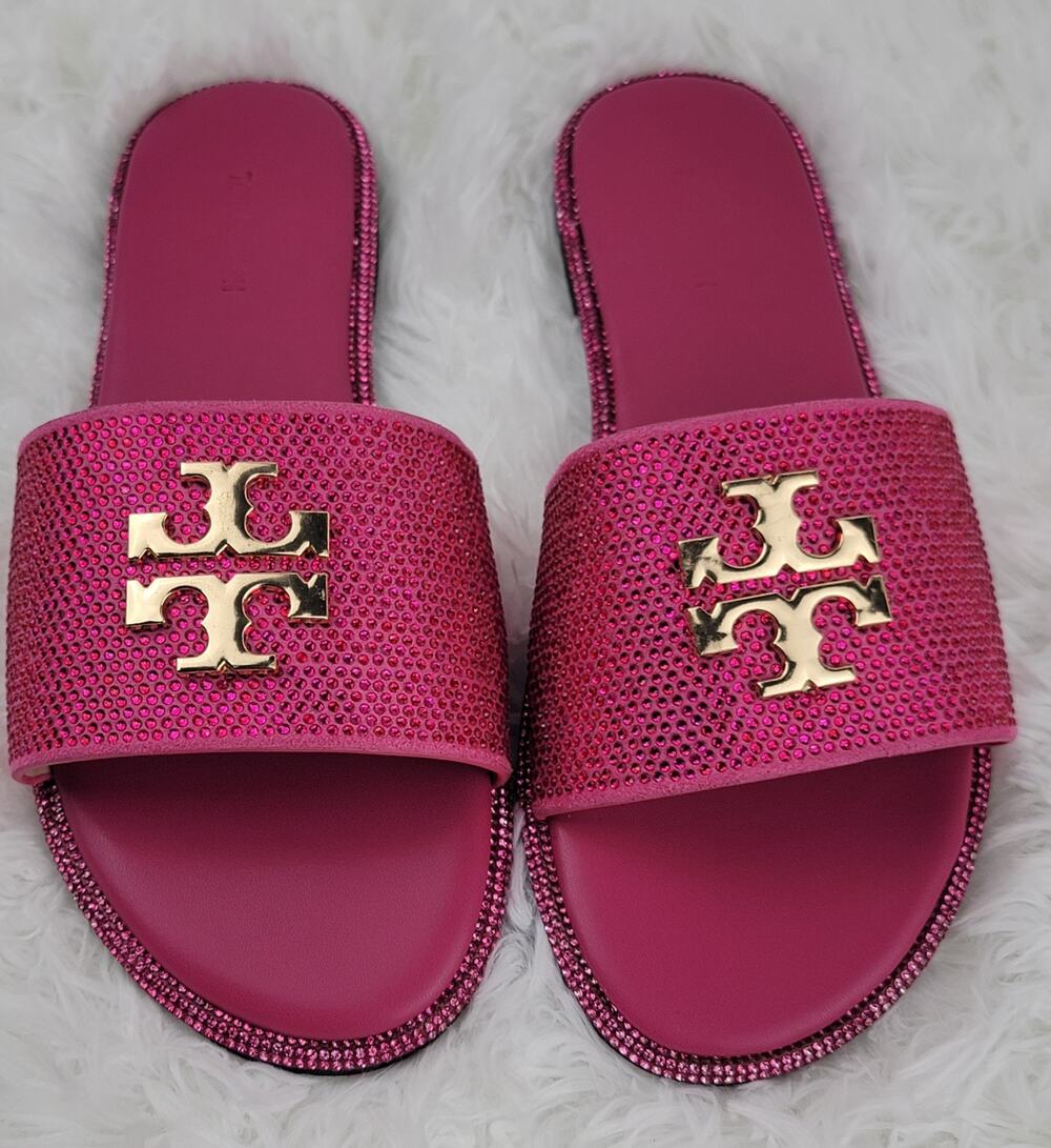 Designer Women Sz 7W 38 Sandals Pink Bling Crystals Gold Logo Tory Slides NIB